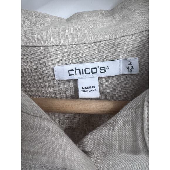 Chicos Taupe 3/4 Sleeve Linenbitton Down Collared Shirt Size 12 (2) - Picture 3 of 4